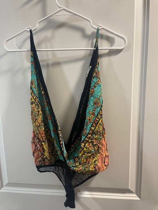 Free People Other - Free People Black & Teal Paisley Tie-Front Bodysuit